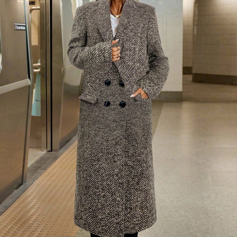Coffee Brown Herringbone Women's Double Breasted Long Overcoat